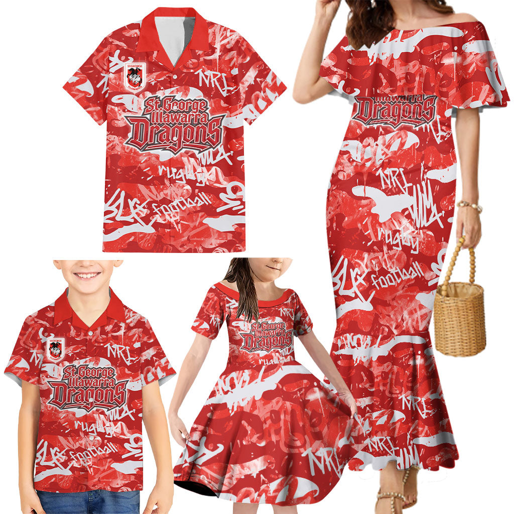 St. George Illawarra Dragons Rugby Family Matching Mermaid Dress and Hawaiian Shirt Graffiti Typography Urban Camo Abstract Street Style