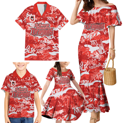 St. George Illawarra Dragons Rugby Family Matching Mermaid Dress and Hawaiian Shirt Graffiti Typography Urban Camo Abstract Street Style