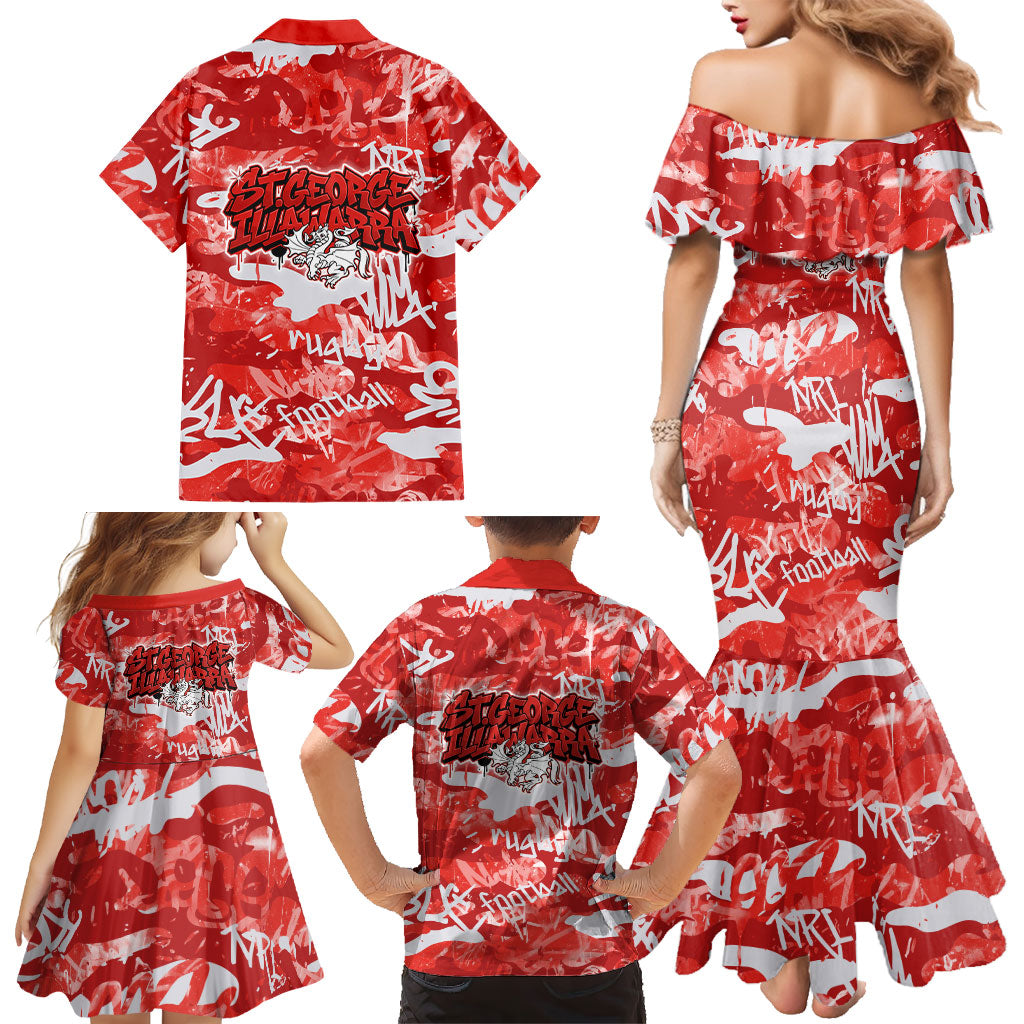 St. George Illawarra Dragons Rugby Family Matching Mermaid Dress and Hawaiian Shirt Graffiti Typography Urban Camo Abstract Street Style
