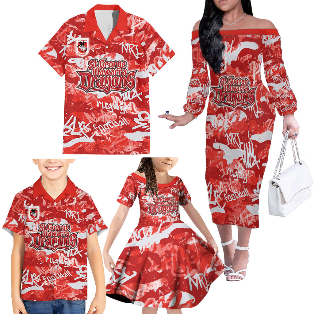 St. George Illawarra Dragons Rugby Family Matching Off The Shoulder Long Sleeve Dress and Hawaiian Shirt Graffiti Typography Urban Camo Abstract Street Style