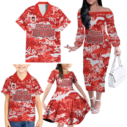 St. George Illawarra Dragons Rugby Family Matching Off The Shoulder Long Sleeve Dress and Hawaiian Shirt Graffiti Typography Urban Camo Abstract Street Style