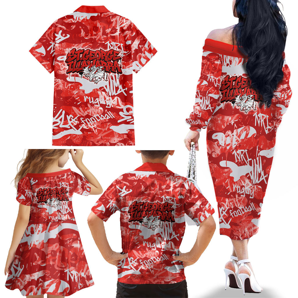 St. George Illawarra Dragons Rugby Family Matching Off The Shoulder Long Sleeve Dress and Hawaiian Shirt Graffiti Typography Urban Camo Abstract Street Style