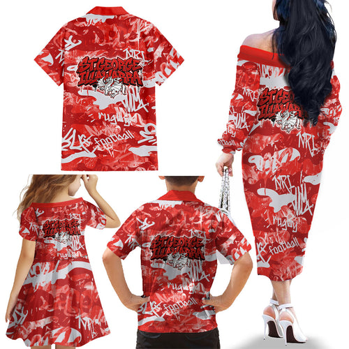 St. George Illawarra Dragons Rugby Family Matching Off The Shoulder Long Sleeve Dress and Hawaiian Shirt Graffiti Typography Urban Camo Abstract Street Style