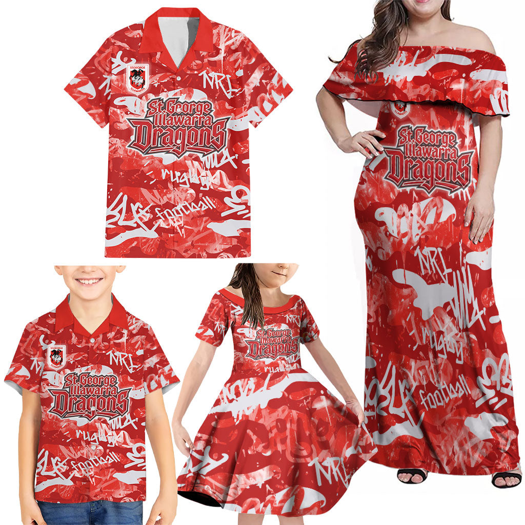 St. George Illawarra Dragons Rugby Family Matching Off Shoulder Maxi Dress and Hawaiian Shirt Graffiti Typography Urban Camo Abstract Street Style