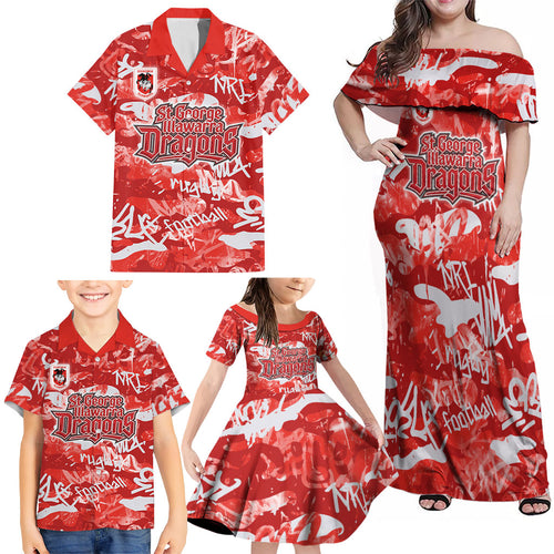 St. George Illawarra Dragons Rugby Family Matching Off Shoulder Maxi Dress and Hawaiian Shirt Graffiti Typography Urban Camo Abstract Street Style