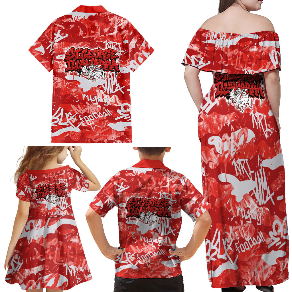 St. George Illawarra Dragons Rugby Family Matching Off Shoulder Maxi Dress and Hawaiian Shirt Graffiti Typography Urban Camo Abstract Street Style