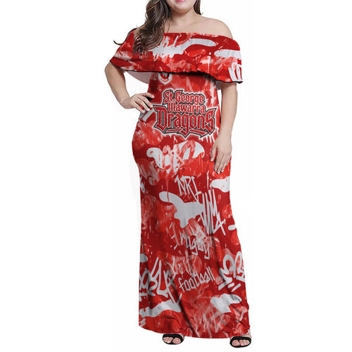 St. George Illawarra Dragons Rugby Family Matching Off Shoulder Maxi Dress and Hawaiian Shirt Graffiti Typography Urban Camo Abstract Street Style