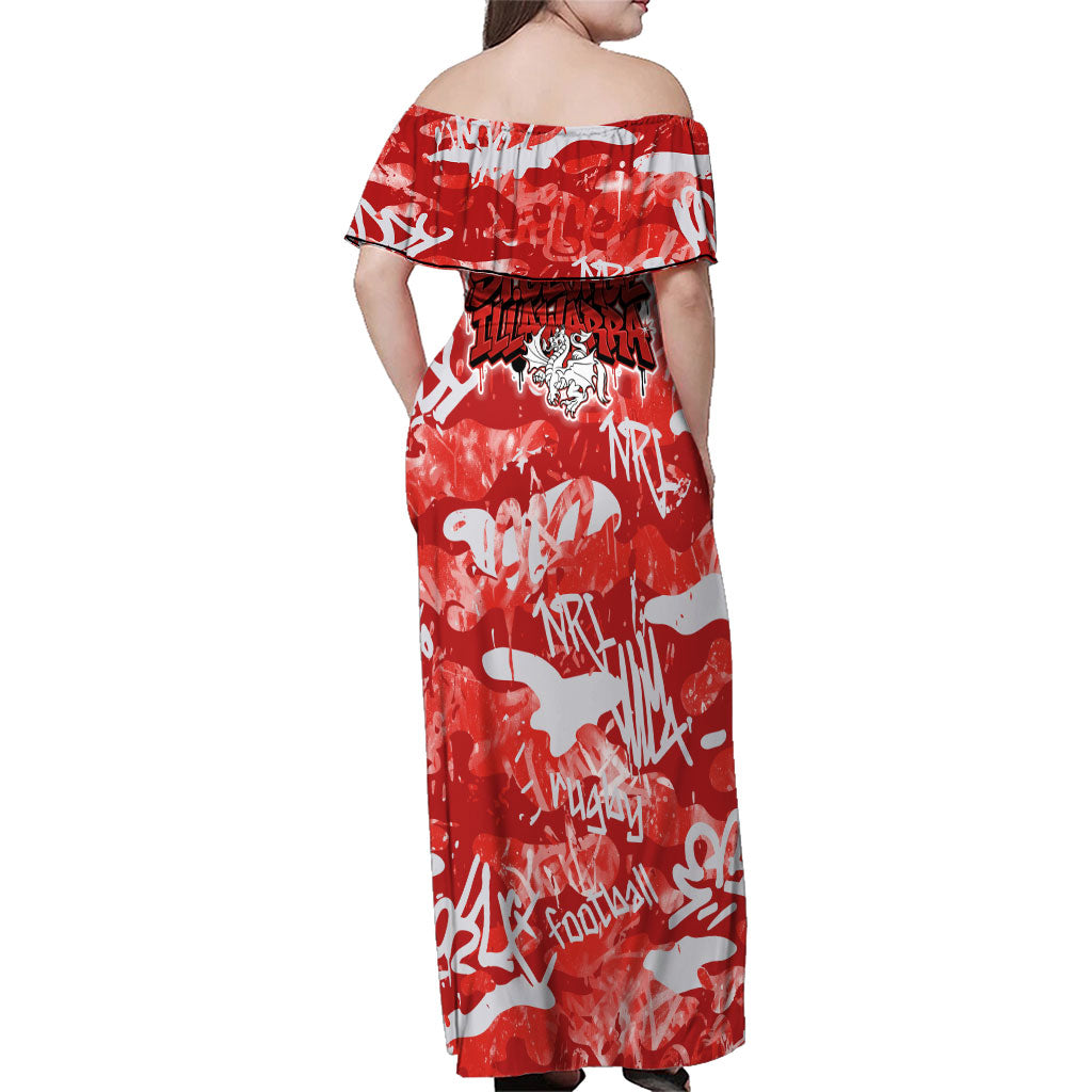 St. George Illawarra Dragons Rugby Family Matching Off Shoulder Maxi Dress and Hawaiian Shirt Graffiti Typography Urban Camo Abstract Street Style