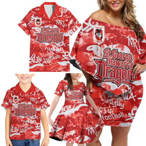 St. George Illawarra Dragons Rugby Family Matching Off Shoulder Short Dress and Hawaiian Shirt Graffiti Typography Urban Camo Abstract Street Style