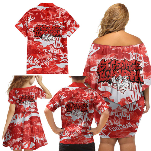 St. George Illawarra Dragons Rugby Family Matching Off Shoulder Short Dress and Hawaiian Shirt Graffiti Typography Urban Camo Abstract Street Style