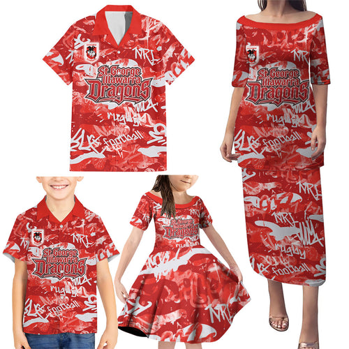 St. George Illawarra Dragons Rugby Family Matching Puletasi and Hawaiian Shirt Graffiti Typography Urban Camo Abstract Street Style