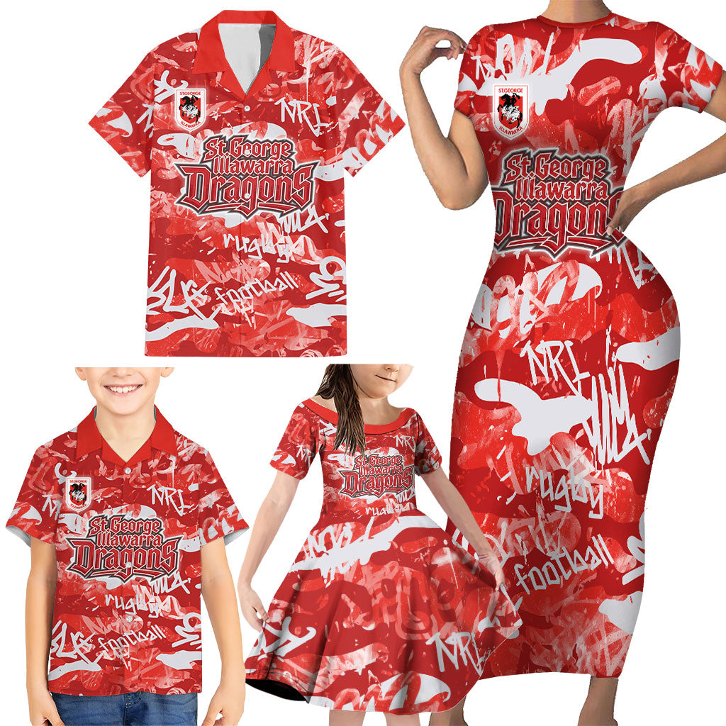 St. George Illawarra Dragons Rugby Family Matching Short Sleeve Bodycon Dress and Hawaiian Shirt Graffiti Typography Urban Camo Abstract Street Style