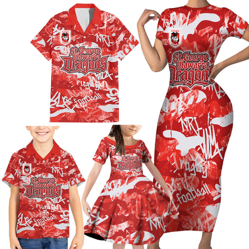St. George Illawarra Dragons Rugby Family Matching Short Sleeve Bodycon Dress and Hawaiian Shirt Graffiti Typography Urban Camo Abstract Street Style