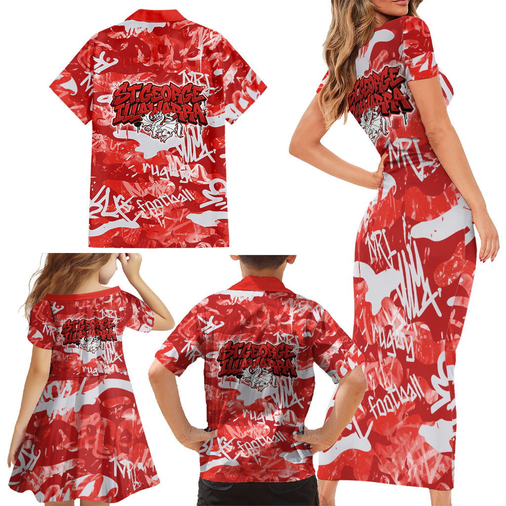 St. George Illawarra Dragons Rugby Family Matching Short Sleeve Bodycon Dress and Hawaiian Shirt Graffiti Typography Urban Camo Abstract Street Style