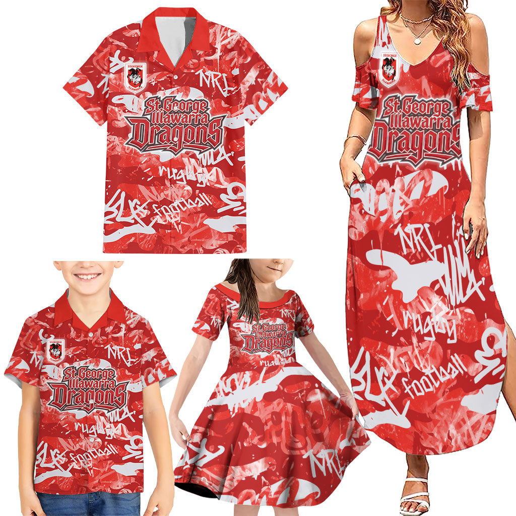 St. George Illawarra Dragons Rugby Family Matching Summer Maxi Dress and Hawaiian Shirt Graffiti Typography Urban Camo Abstract Street Style