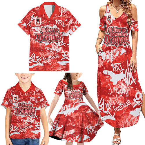 St. George Illawarra Dragons Rugby Family Matching Summer Maxi Dress and Hawaiian Shirt Graffiti Typography Urban Camo Abstract Street Style