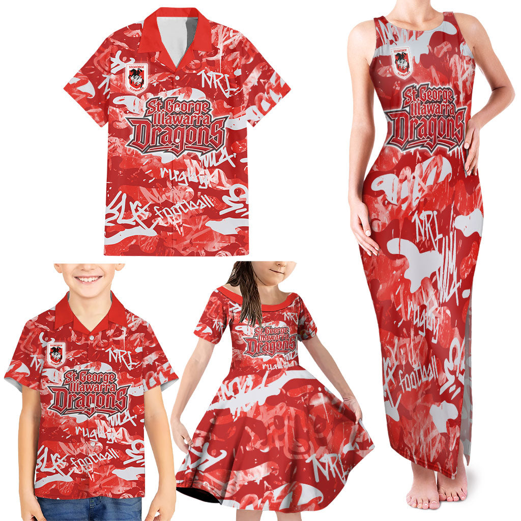 St. George Illawarra Dragons Rugby Family Matching Tank Maxi Dress and Hawaiian Shirt Graffiti Typography Urban Camo Abstract Street Style