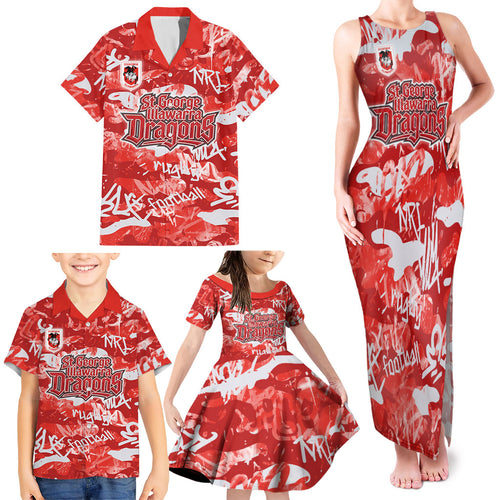 St. George Illawarra Dragons Rugby Family Matching Tank Maxi Dress and Hawaiian Shirt Graffiti Typography Urban Camo Abstract Street Style