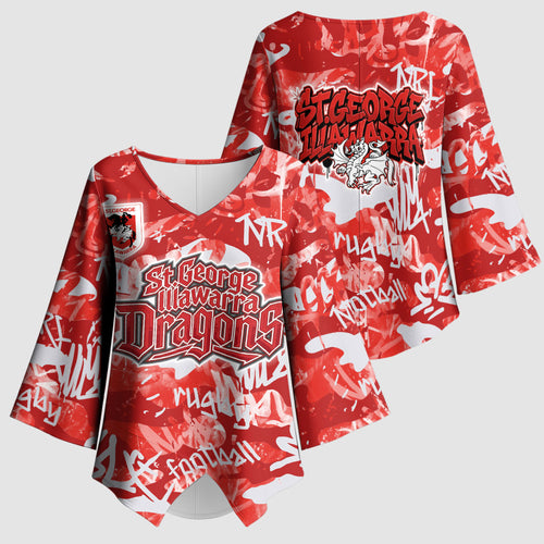St. George Illawarra Dragons Rugby Kimono Sleeve Blouse Graffiti Typography Urban Camo Abstract Street Style