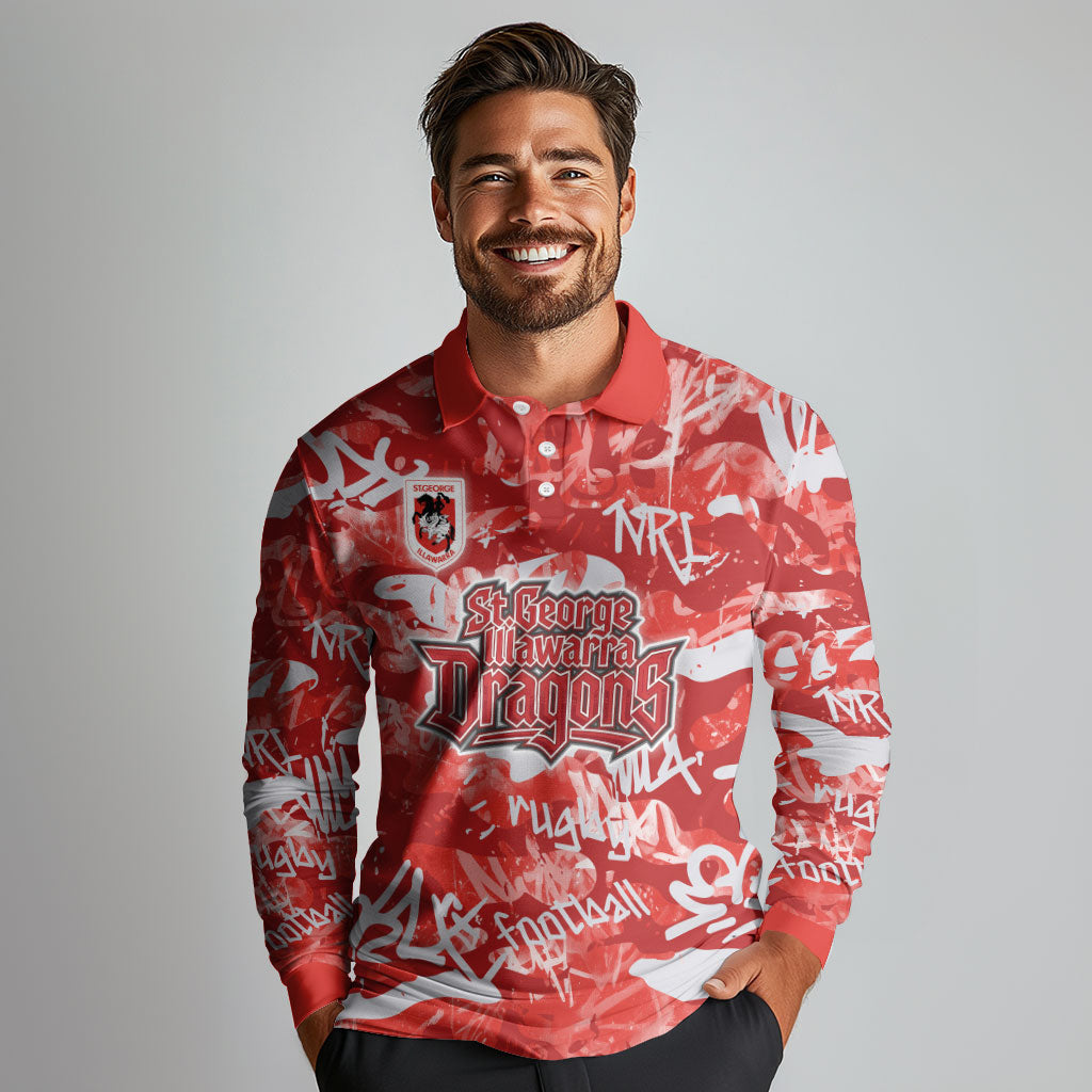 St. George Illawarra Dragons Rugby Long Sleeve Polo Shirt Graffiti Typography Urban Camo Abstract Street Style