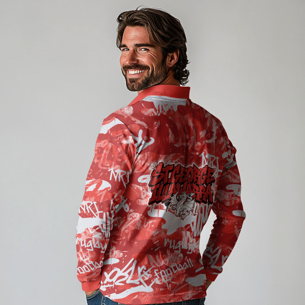 St. George Illawarra Dragons Rugby Long Sleeve Polo Shirt Graffiti Typography Urban Camo Abstract Street Style
