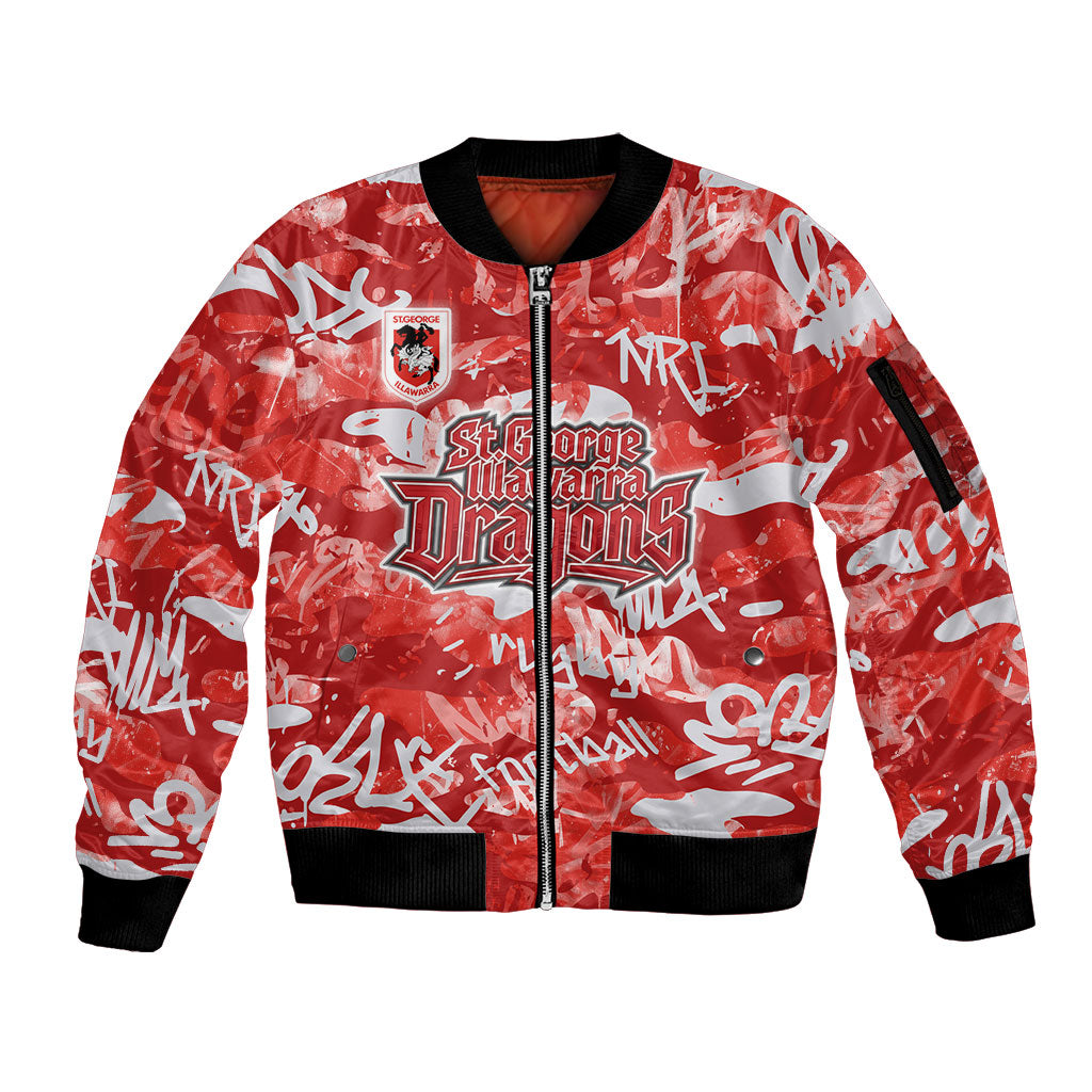 St. George Illawarra Dragons Rugby Sleeve Zip Bomber Jacket Graffiti Typography Urban Camo Abstract Street Style