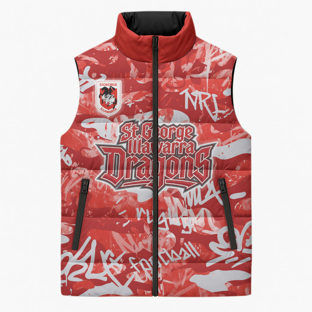 St. George Illawarra Dragons Rugby Sleeveless Puffer Jacket Graffiti Typography Urban Camo Abstract Street Style
