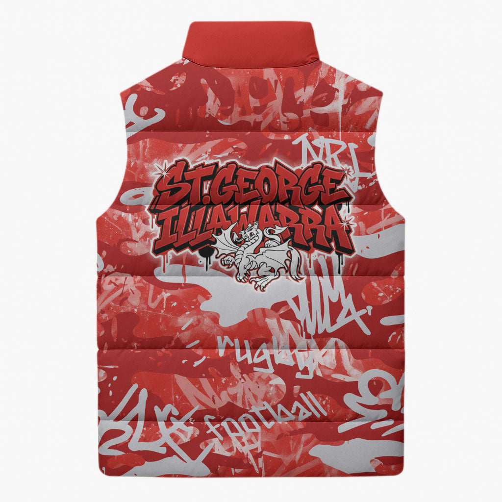 St. George Illawarra Dragons Rugby Sleeveless Puffer Jacket Graffiti Typography Urban Camo Abstract Street Style