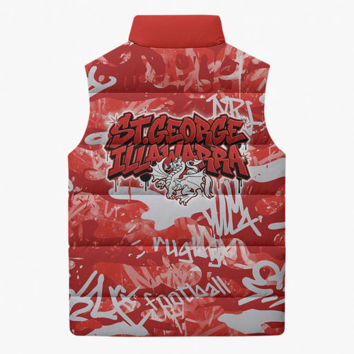 St. George Illawarra Dragons Rugby Sleeveless Puffer Jacket Graffiti Typography Urban Camo Abstract Street Style