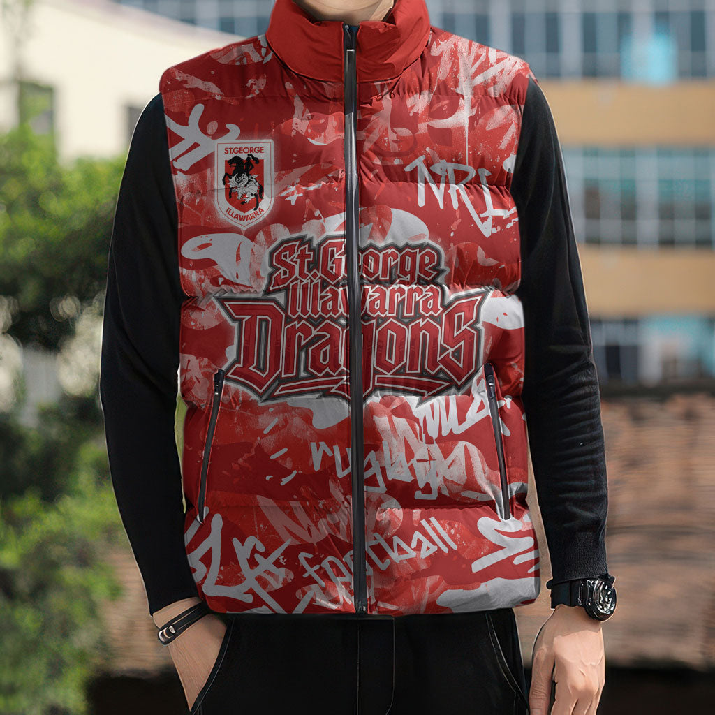 St. George Illawarra Dragons Rugby Sleeveless Puffer Jacket Graffiti Typography Urban Camo Abstract Street Style