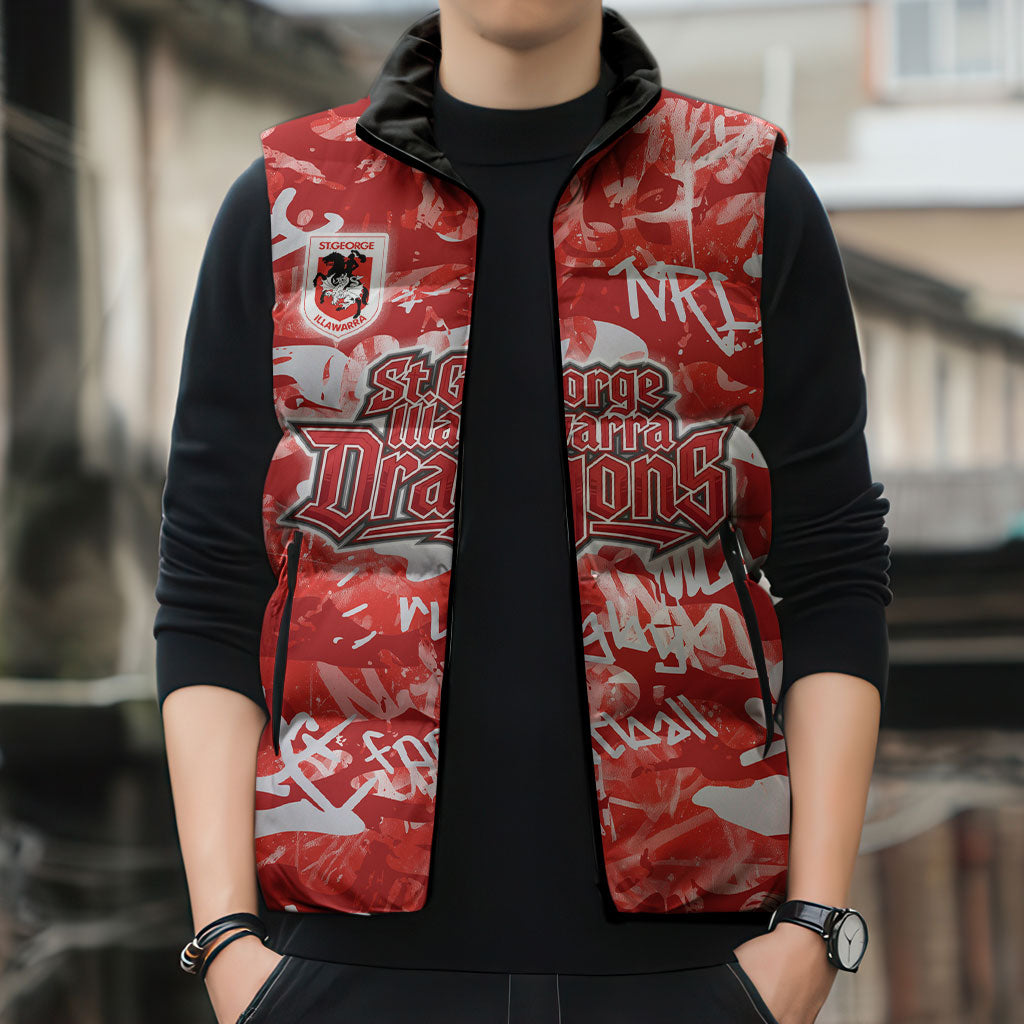 St. George Illawarra Dragons Rugby Sleeveless Puffer Jacket Graffiti Typography Urban Camo Abstract Street Style