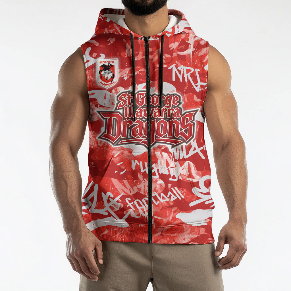 St. George Illawarra Dragons Rugby Sleeveless Zip Hoodie Graffiti Typography Urban Camo Abstract Street Style