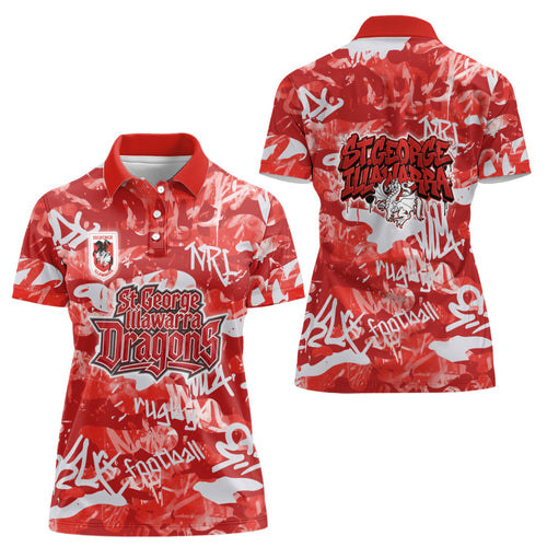 St. George Illawarra Dragons Rugby Women Polo Shirt Graffiti Typography Urban Camo Abstract Street Style