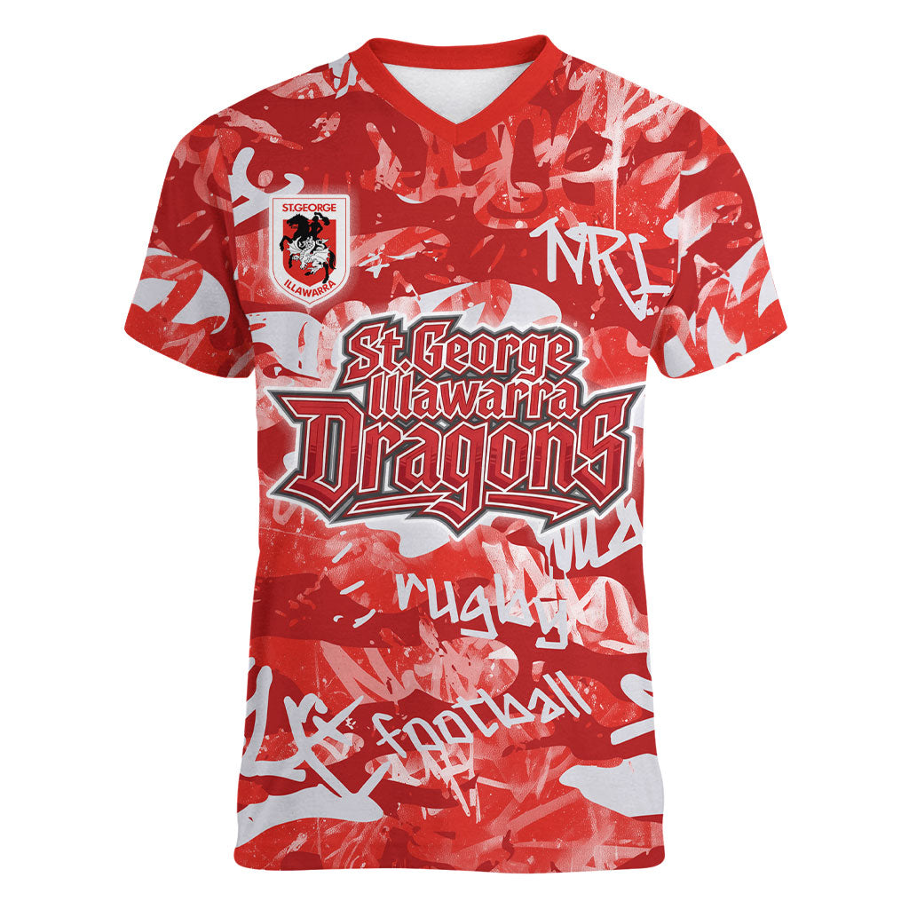 St. George Illawarra Dragons Rugby Women V-Neck T-Shirt Graffiti Typography Urban Camo Abstract Street Style