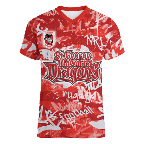 St. George Illawarra Dragons Rugby Women V-Neck T-Shirt Graffiti Typography Urban Camo Abstract Street Style
