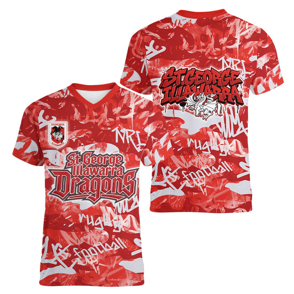 St. George Illawarra Dragons Rugby Women V-Neck T-Shirt Graffiti Typography Urban Camo Abstract Street Style