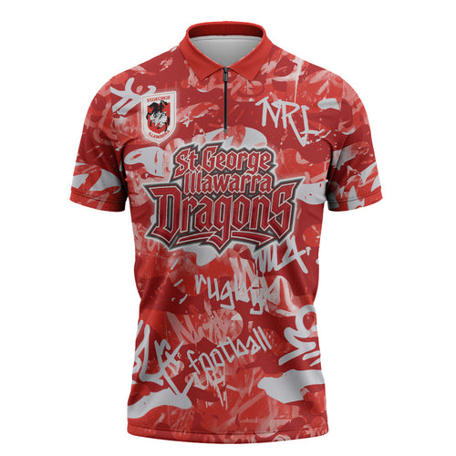St. George Illawarra Dragons Rugby Zipper Polo Shirt Graffiti Typography Urban Camo Abstract Street Style