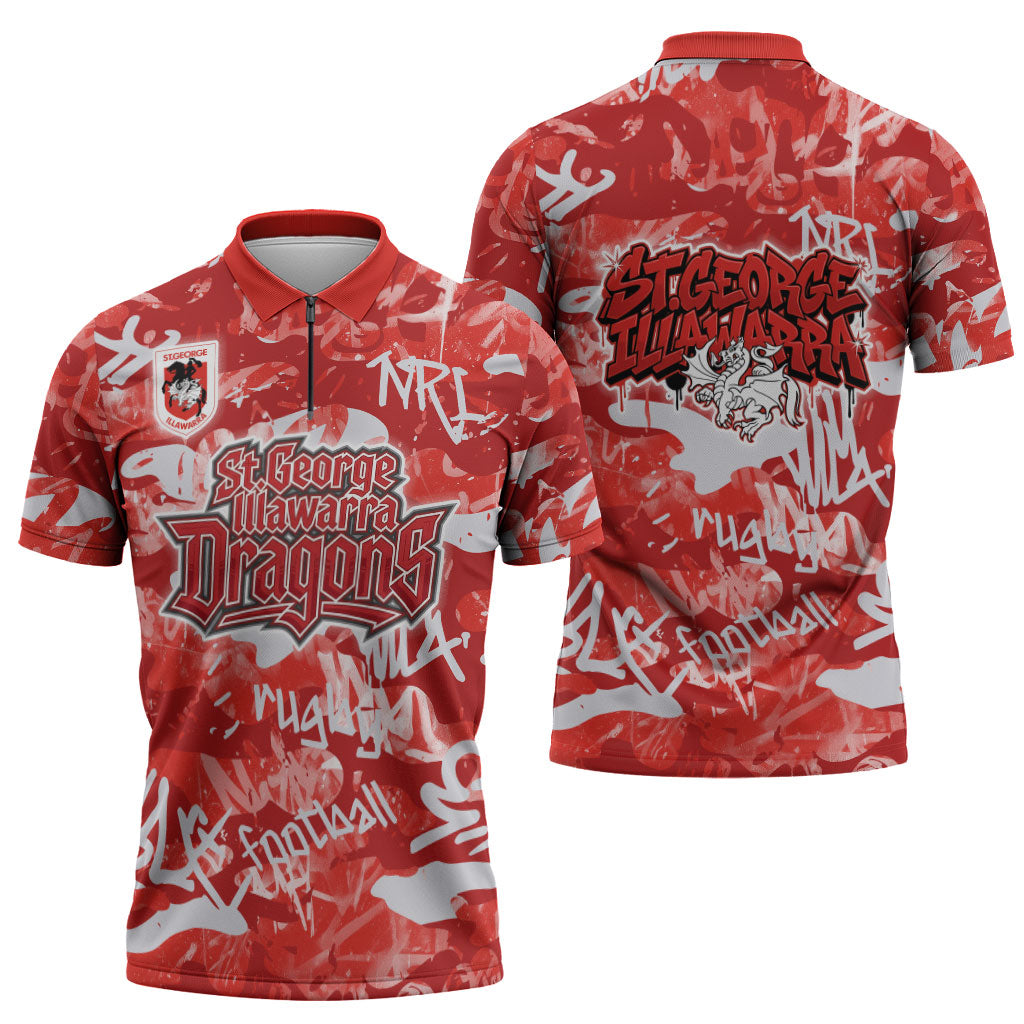 St. George Illawarra Dragons Rugby Zipper Polo Shirt Graffiti Typography Urban Camo Abstract Street Style