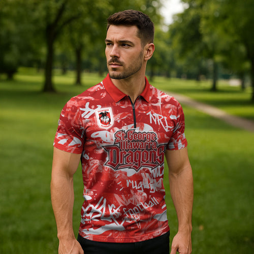St. George Illawarra Dragons Rugby Zipper Polo Shirt Graffiti Typography Urban Camo Abstract Street Style