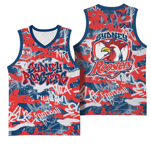 Sydney Roosters Rugby Basketball Jersey Graffiti Typography Urban Camo Abstract Street Style