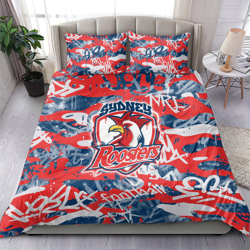 Sydney Roosters Rugby Bedding Set Graffiti Typography Urban Camo Abstract Street Style