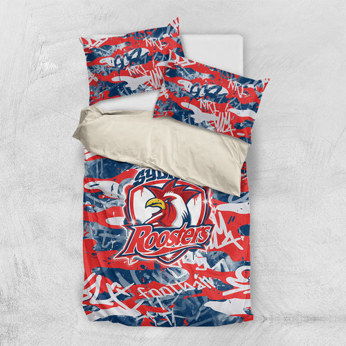 Sydney Roosters Rugby Bedding Set Graffiti Typography Urban Camo Abstract Street Style