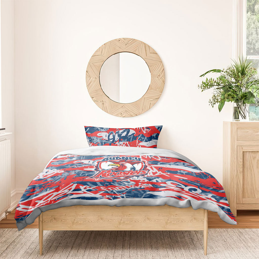 Sydney Roosters Rugby Bedding Set Graffiti Typography Urban Camo Abstract Street Style