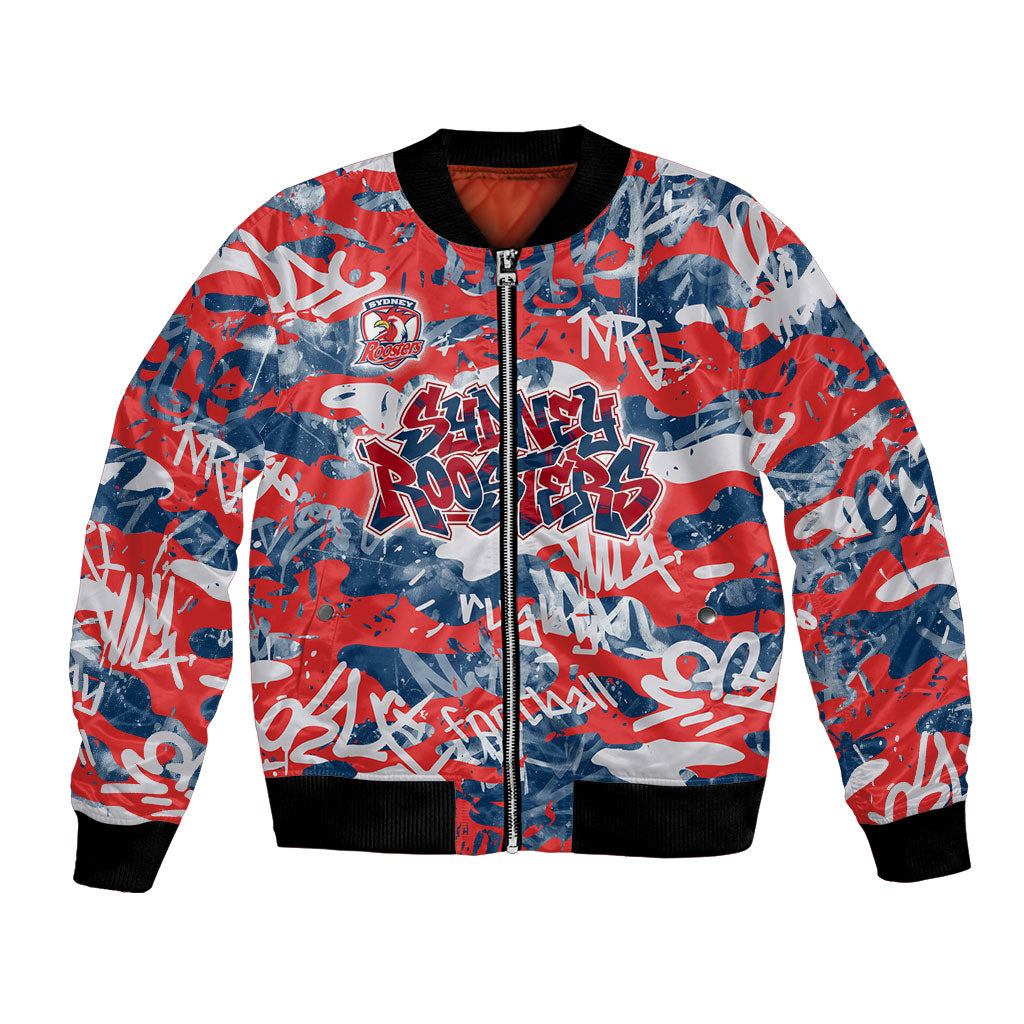 Sydney Roosters Rugby Bomber Jacket Graffiti Typography Urban Camo Abstract Street Style