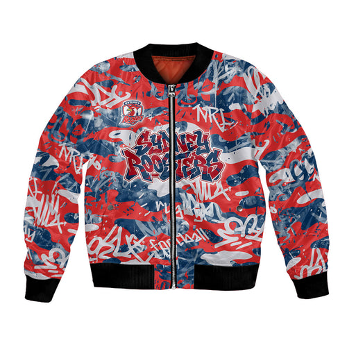 Sydney Roosters Rugby Bomber Jacket Graffiti Typography Urban Camo Abstract Street Style