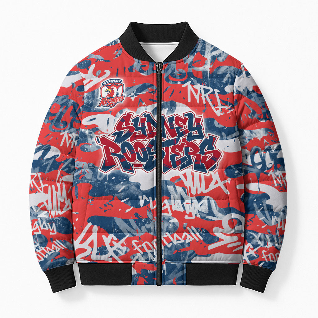 Sydney Roosters Rugby Bomber Puffer Jacket Graffiti Typography Urban Camo Abstract Street Style