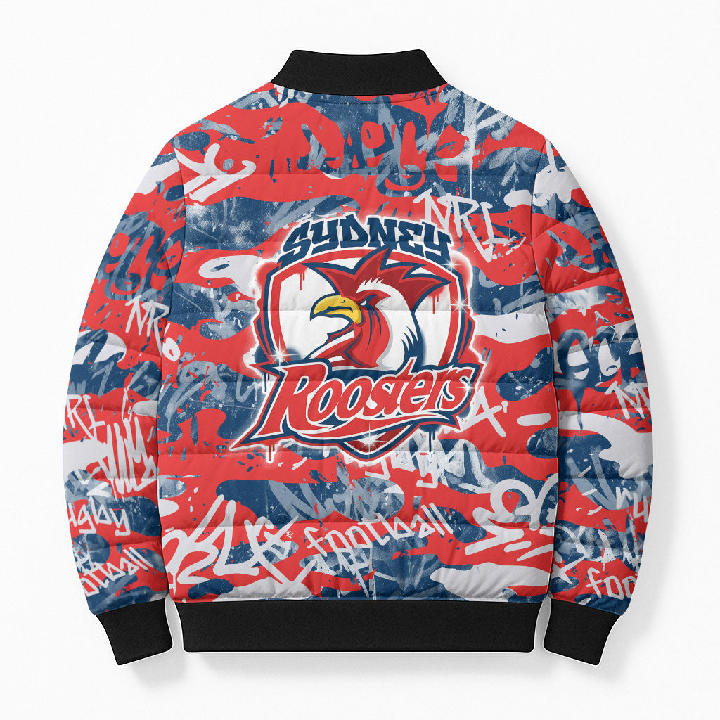 Sydney Roosters Rugby Bomber Puffer Jacket Graffiti Typography Urban Camo Abstract Street Style