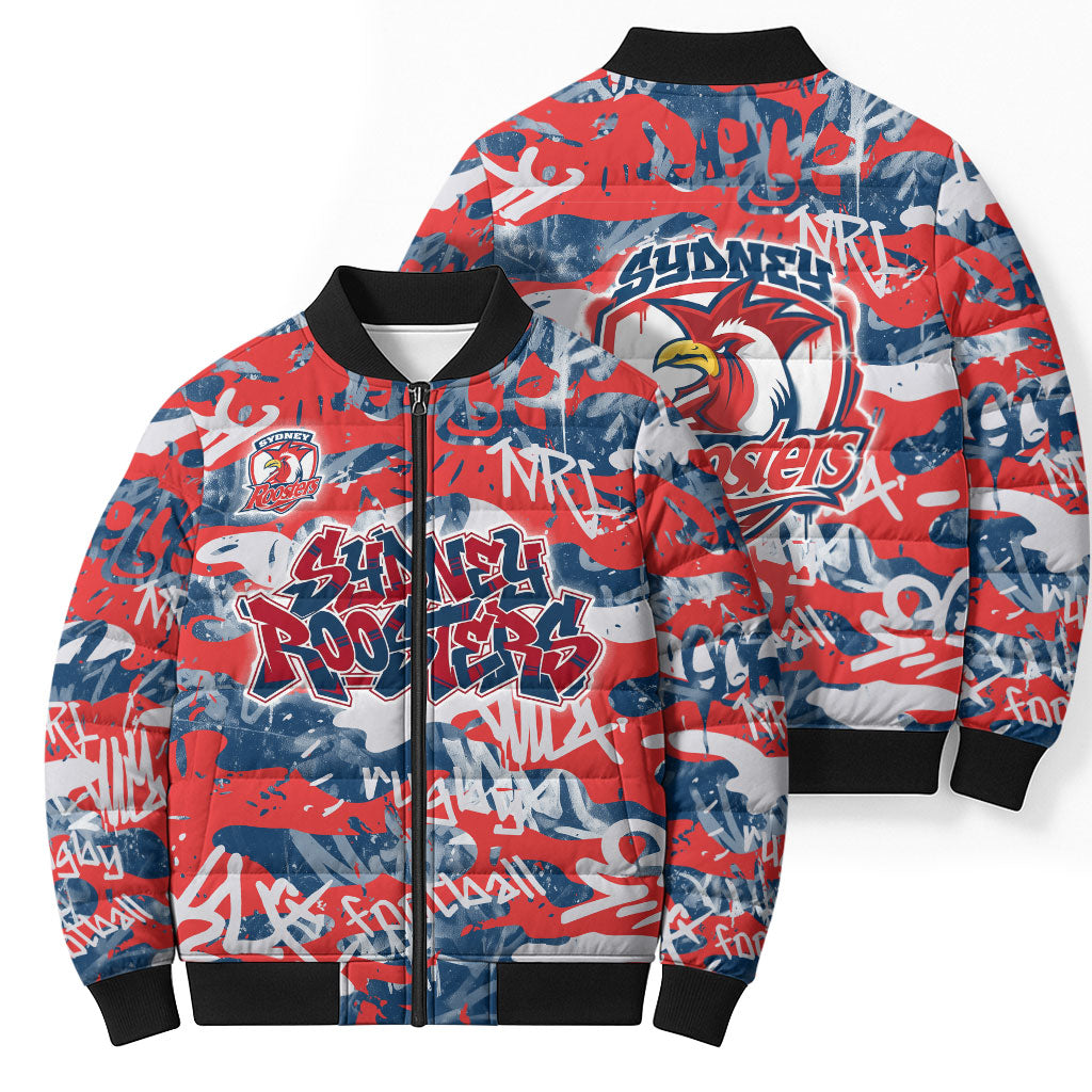 Sydney Roosters Rugby Bomber Puffer Jacket Graffiti Typography Urban Camo Abstract Street Style