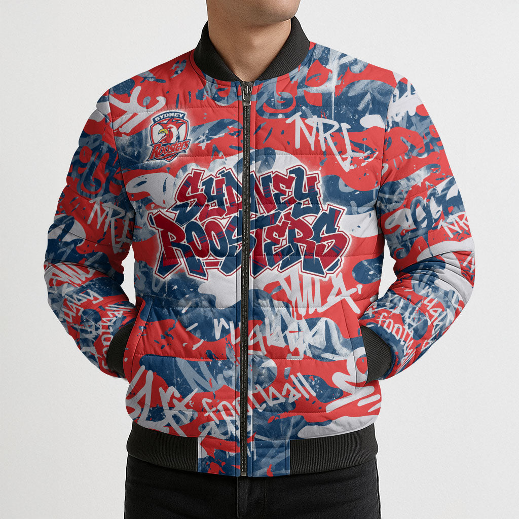 Sydney Roosters Rugby Bomber Puffer Jacket Graffiti Typography Urban Camo Abstract Street Style