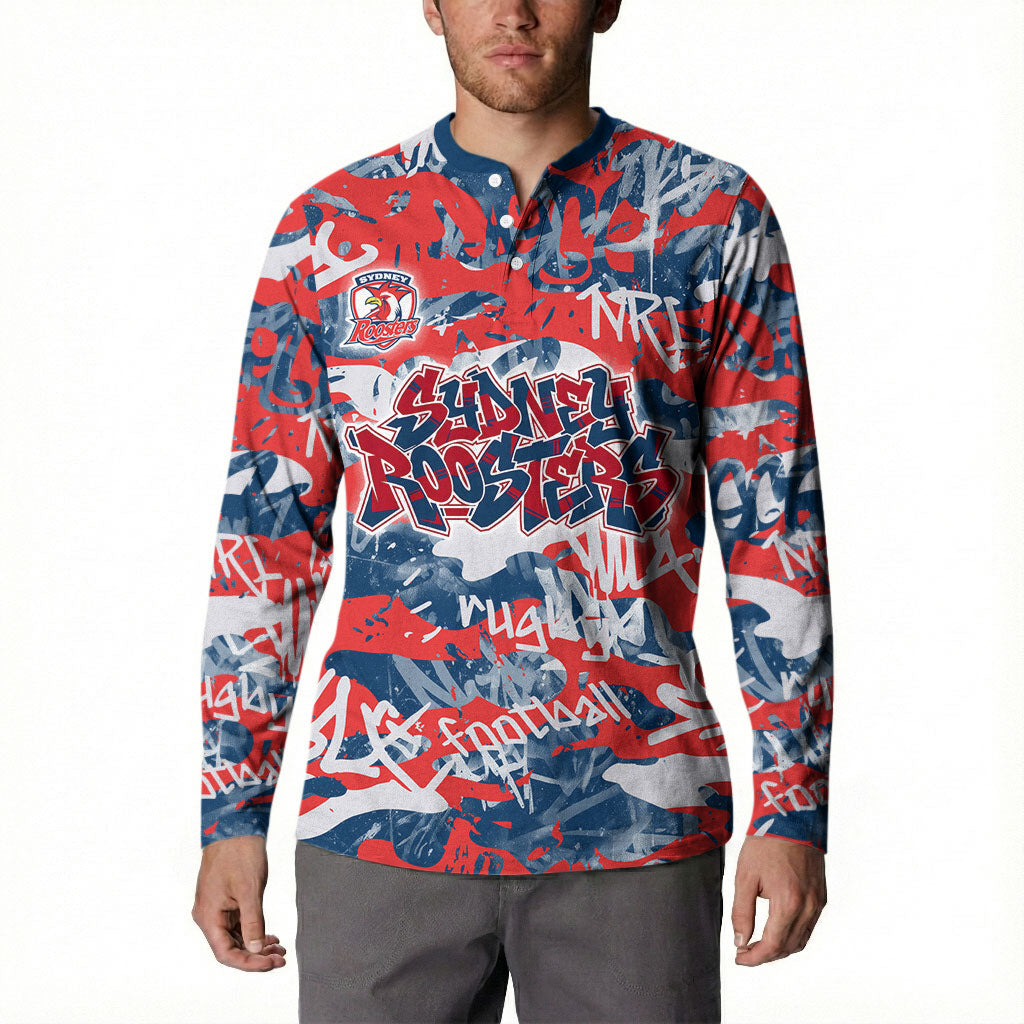 Sydney Roosters Rugby Button Sweatshirt Graffiti Typography Urban Camo Abstract Street Style